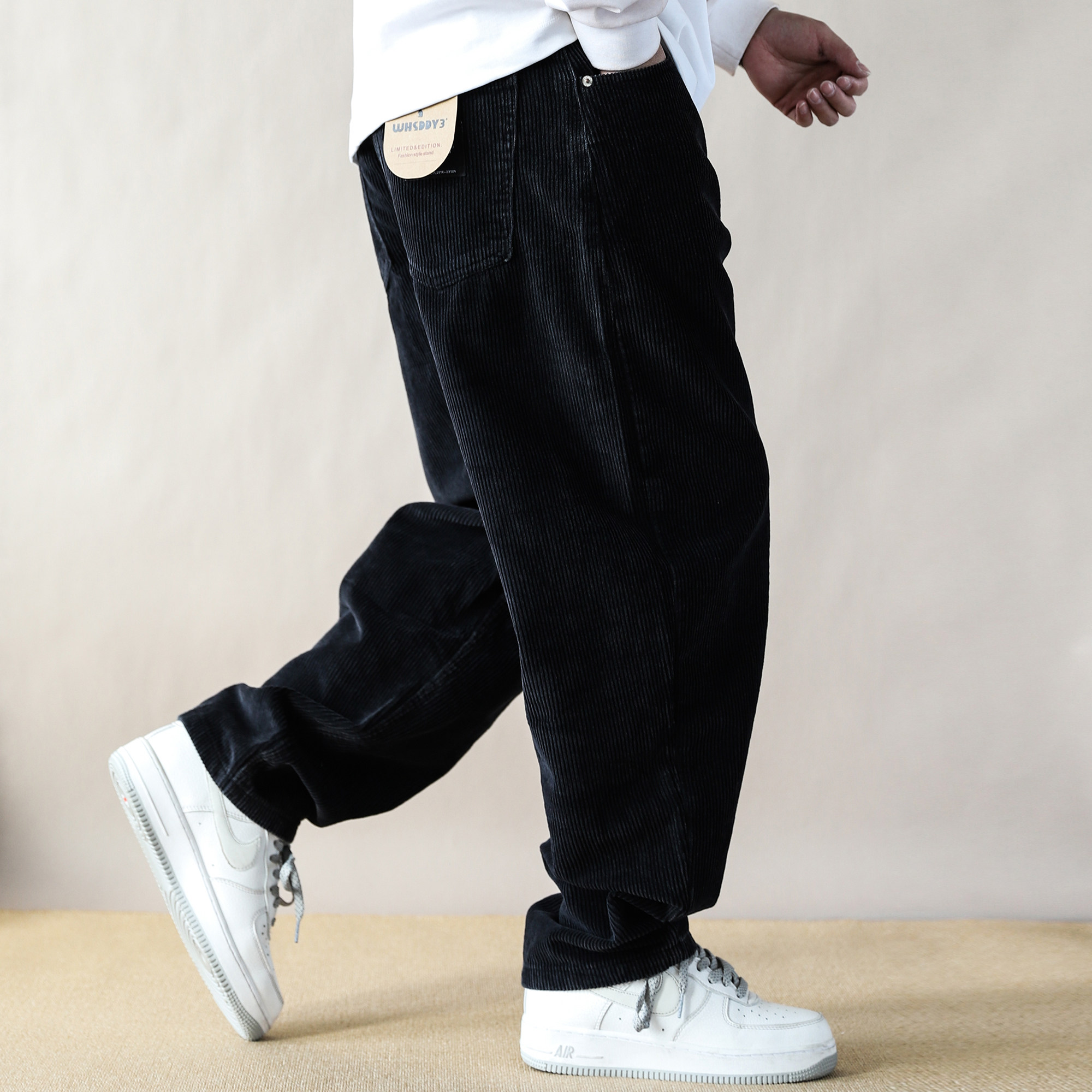 加绒加厚日系复古灯芯绒直筒裤男宽松休闲深黑色长裤子2025新款
