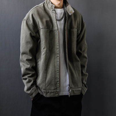 秋冬美式复古重磅水洗帆布哈灵顿外套男立领设计感休闲夹克上衣