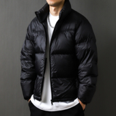 90白鸭绒亮面2024秋冬美式 立领面包纯色加厚宽松羽绒服外套男黑色