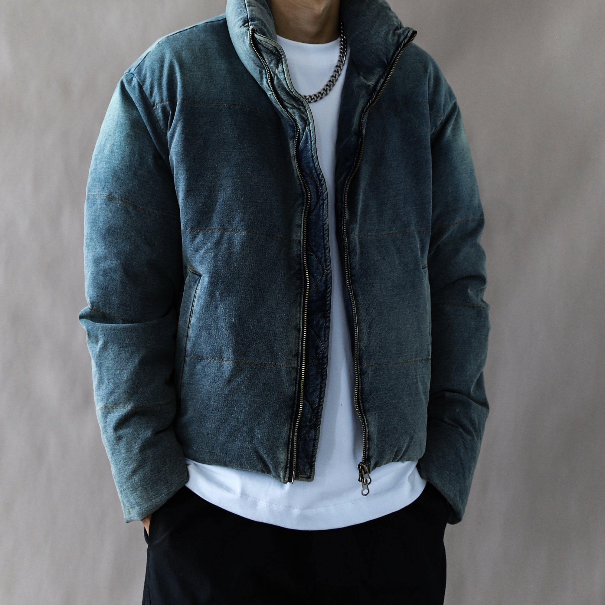 羽绒服男款美式牛仔立领冬季加厚保暖外套2025蓝色宽松上衣新款