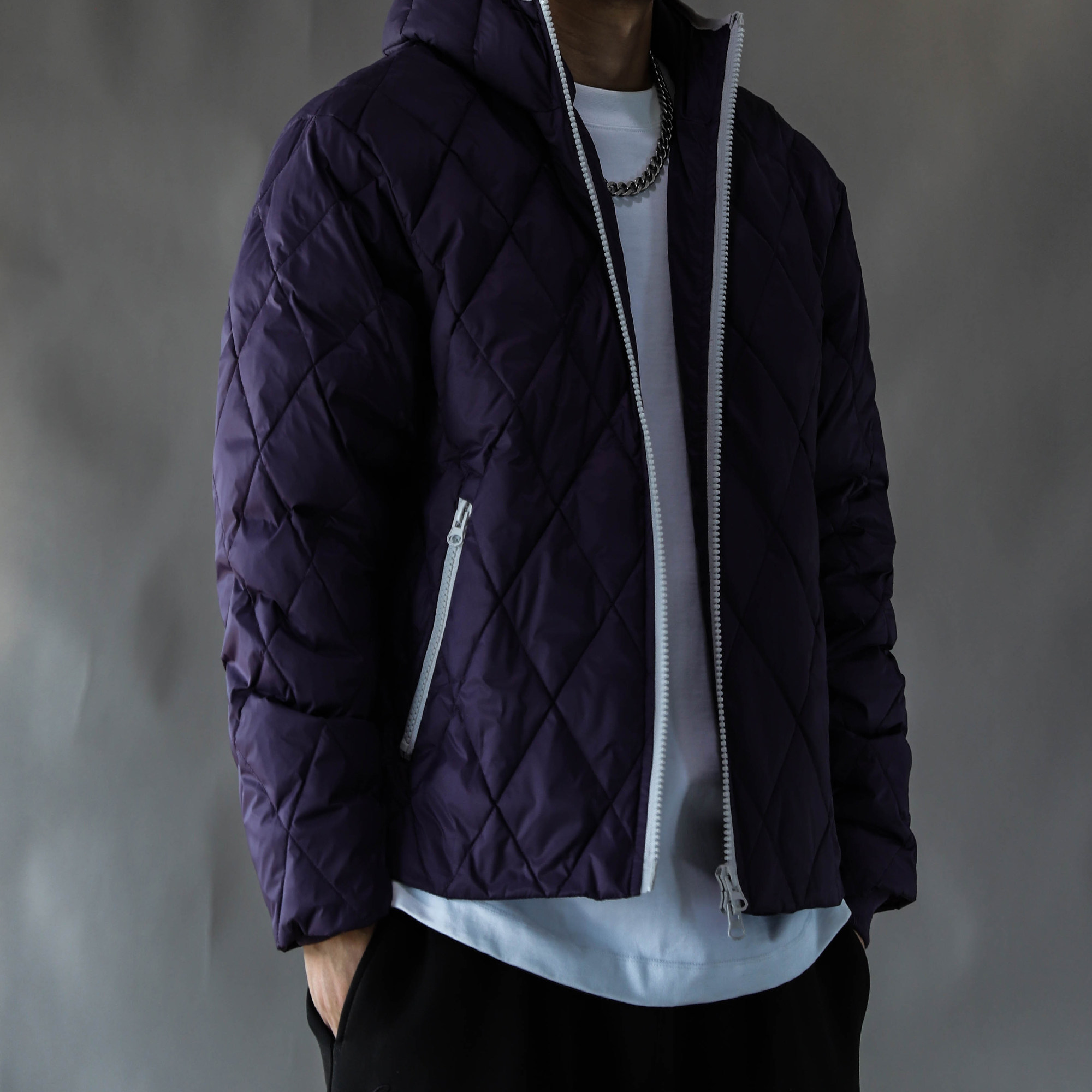 菱格绗缝羽绒服男连帽保暖外套休闲百搭紫色短款冬季外套男装拉链