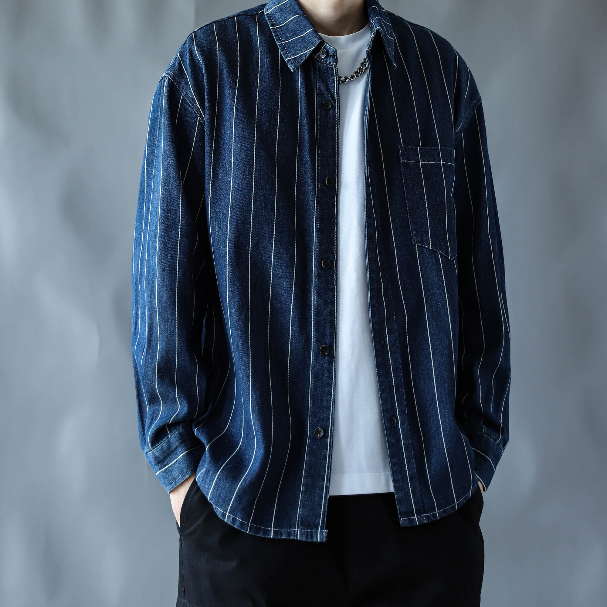 复古条纹牛仔衬衫男长袖宽松翻领百搭休闲上衣潮流2026潮牌男装