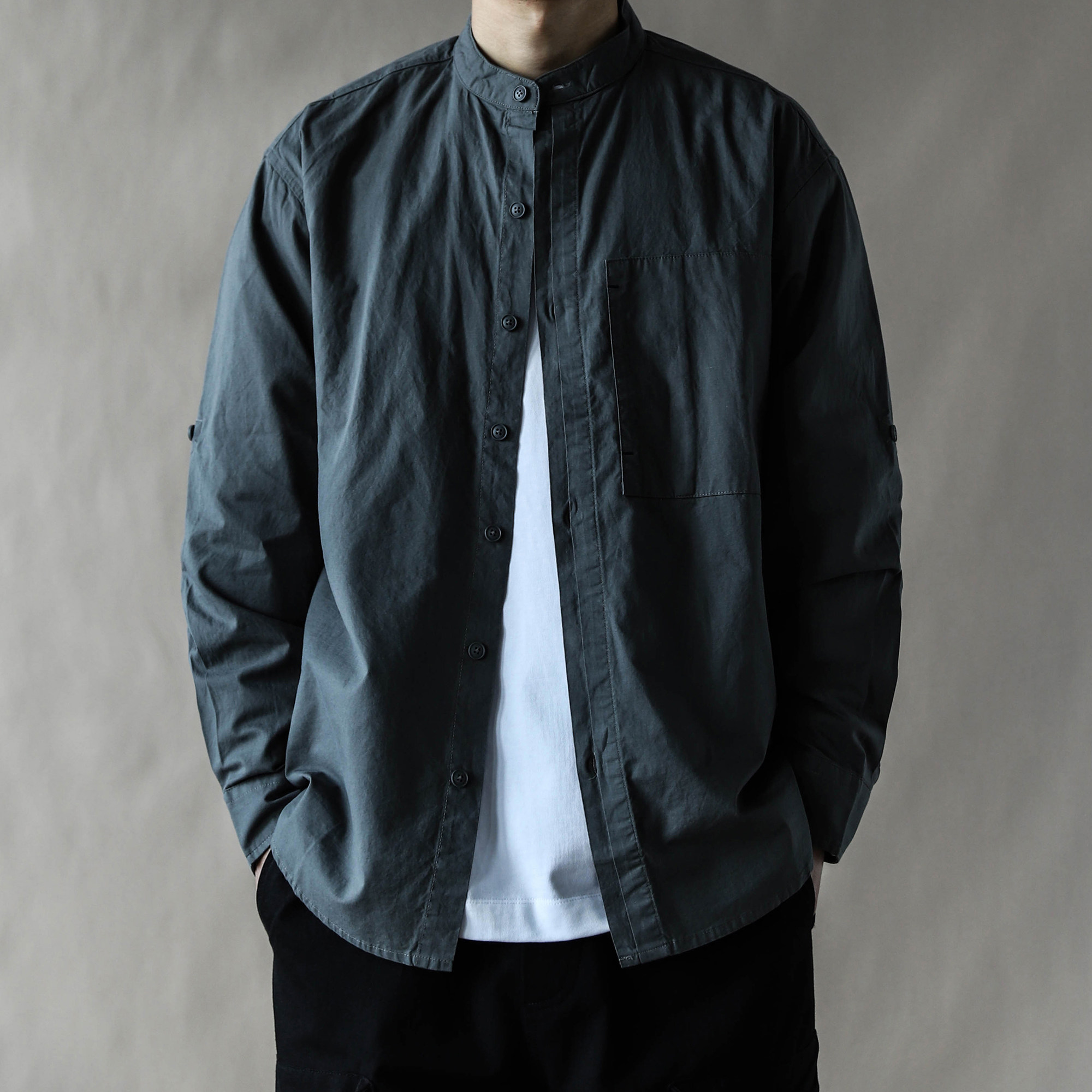 美式复古立领衬衫男春秋宽松工装风长袖开衫外套休闲2026亚麻灰色