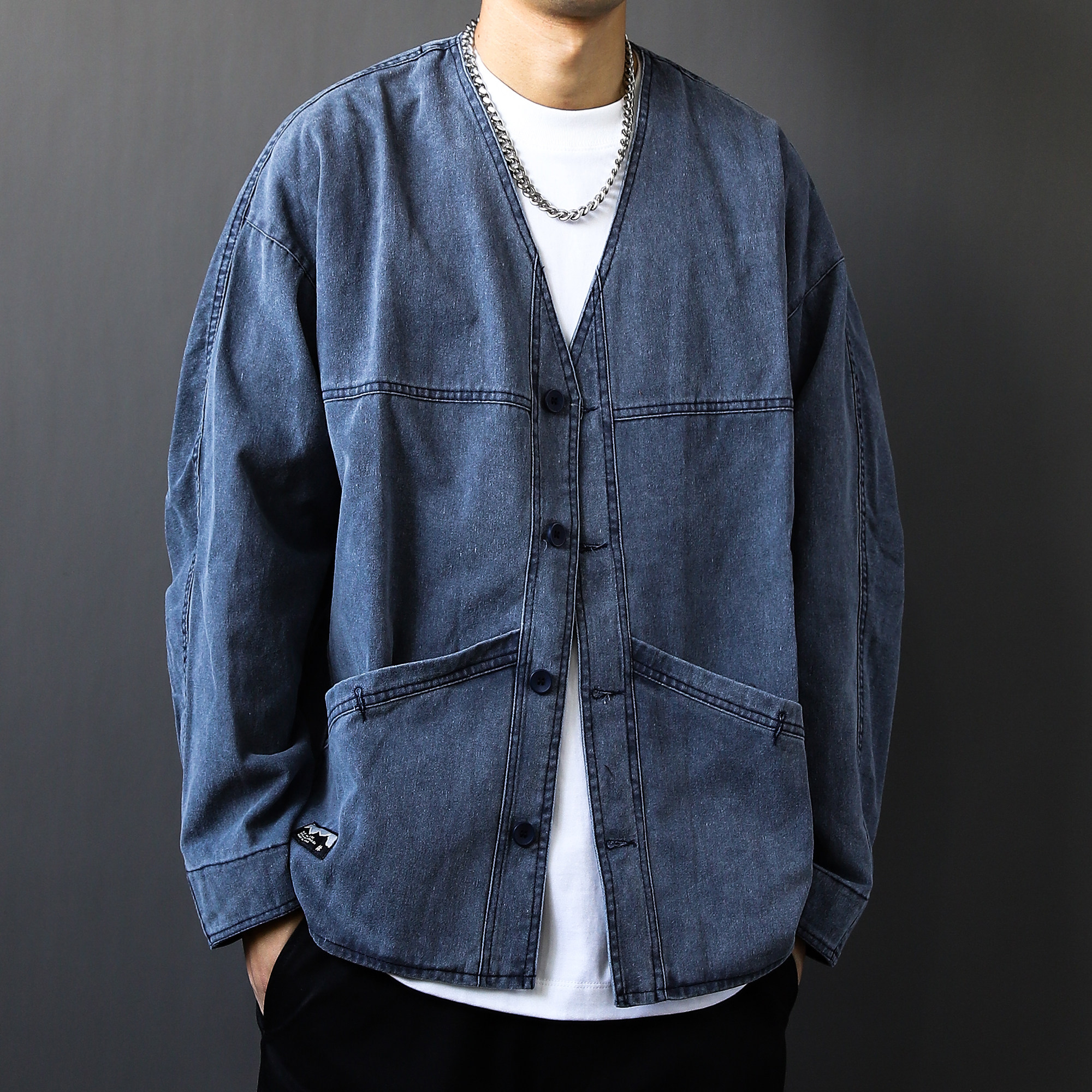 2024秋季道袍复古水洗做旧V领美式潮牌新中式休闲宽松无领外套男