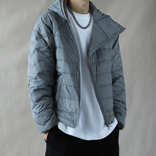 90白鸭绒排骨羽绒服男短款连帽橙色加厚保暖外套宽松冬季新款深灰
