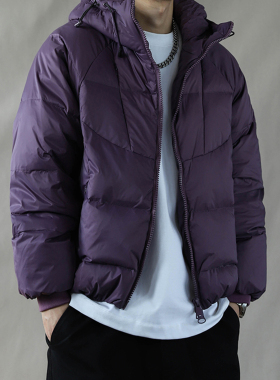 简约连帽短款羽绒服男加厚保暖外套冬季面包服2025宽松百搭紫色