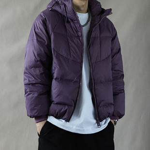 简约连帽短款羽绒服男加厚保暖外套冬季面包服2025宽松百搭紫色