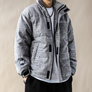 复古风立领字母羽绒服男冬季宽松加厚保暖潮流外套面包服2025灰色