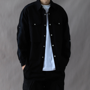 长袖 美式 男春秋宽松休闲2026新款 衬衫 外套黑色简约 复古重磅工装