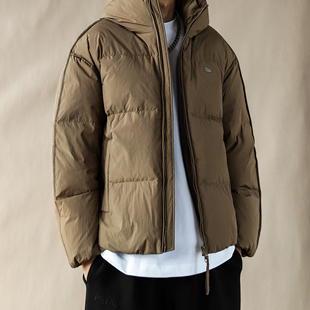 2025新款短款羽绒服男宽松连帽保暖面包服咖色外套加厚高级感保暖