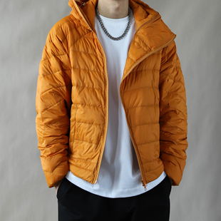 90白鸭绒排骨羽绒服男短款连帽橙色加厚保暖外套宽松冬季新款橘色