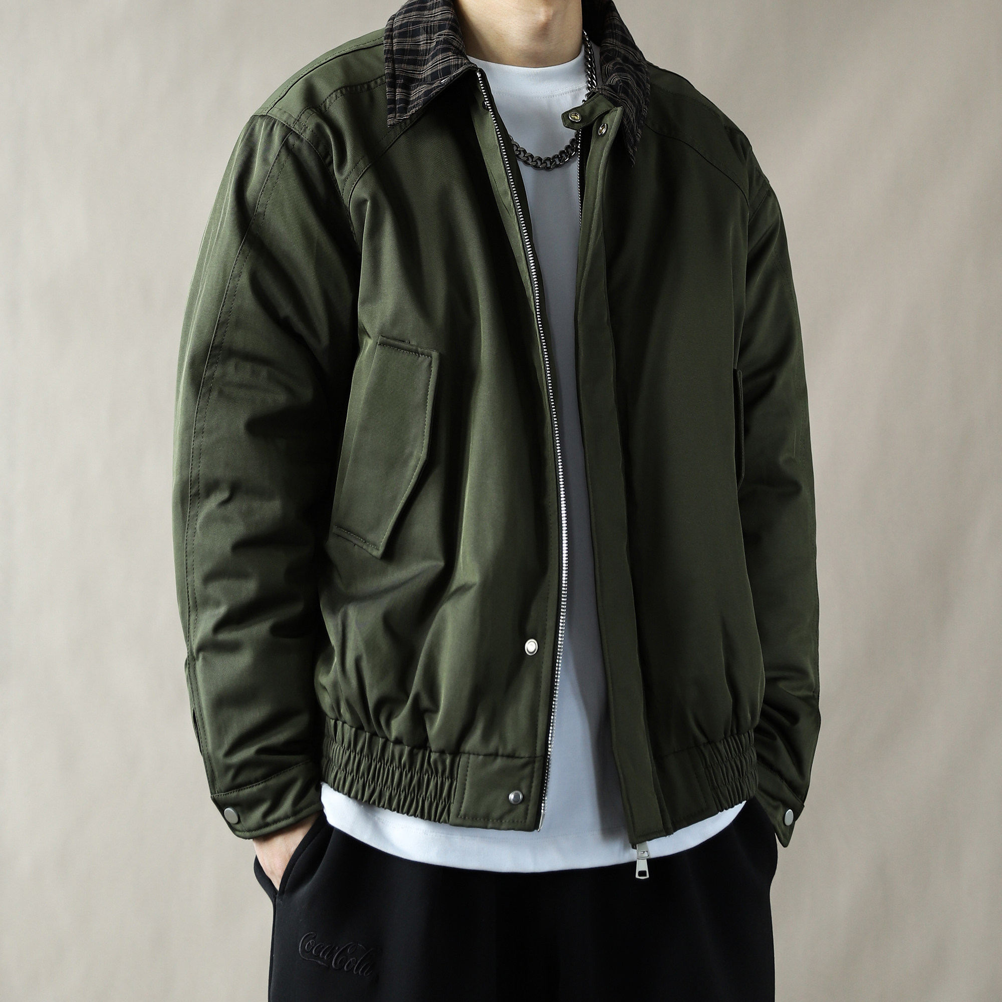 美式复古撞色翻领棉衣男冬季加厚保暖工装外套宽松棉服有型军绿