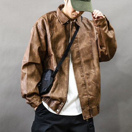 潮牌美式复古PU皮衣外套男秋冬款宽松机车服防风街头痞帅翻领夹克