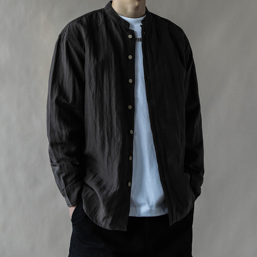 日系复古立领长袖衬衫男宽松休闲棉质开衫衬衣2026天丝老钱风棕灰