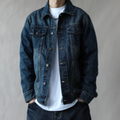 美式 复古牛仔外套男春秋宽松翻领长袖 深蓝色潮牌夹克青年2026休闲