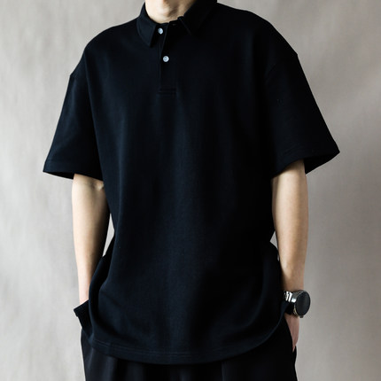 简约风重磅POLO衫男短袖夏季宽松休闲翻领黑色上衣2026男士运动风