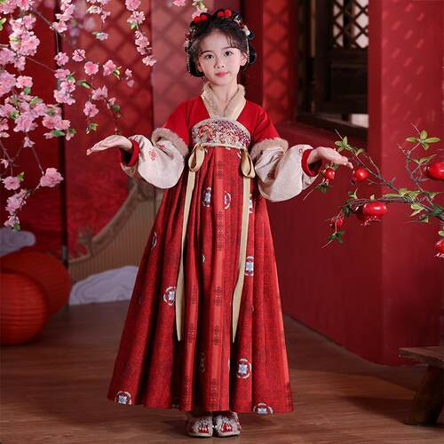 女童汉服冬春加绒古装拜年服儿童女孩国风过年加厚唐装连衣裙襦裙