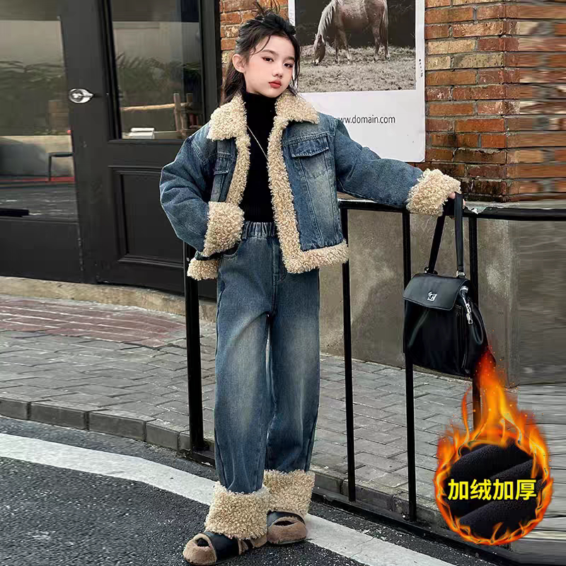 女童加厚牛仔套装儿童秋冬春羊羔绒外套长裤加绒洋气休闲两件套装
