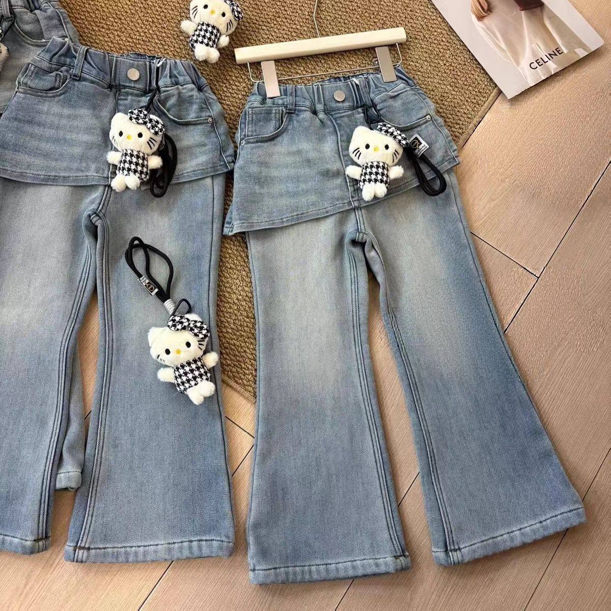 女童一体绒喇叭裤子秋冬季春儿童洋气牛仔裤加绒屁帘假两件长裤潮,童装/婴儿装/亲子装,儿童牛仔裤,淘宝优惠券,粉丝福利购,淘宝优惠卷