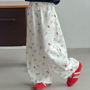 女童春装休闲裤儿童洋气女孩春秋裤子卡通猫咪宽松牛仔裤阔腿裤子