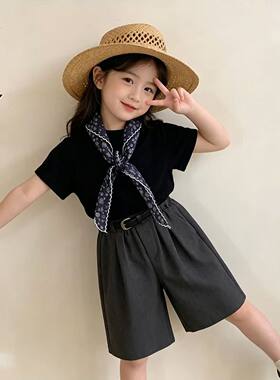 女童条纹格子套装夏儿童洋气森系翻领短袖娃娃衫裙裤短裤两件套装