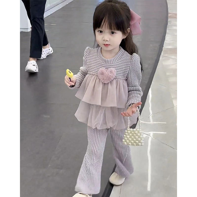女童春款套装网纱拼接喇叭裤套装洋气长袖上衣儿童喇叭裤两件套装图片