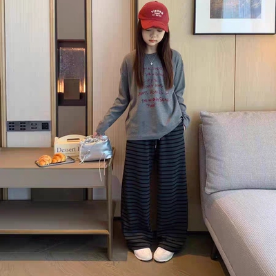 女童秋冬春装儿童女宝长袖T恤条纹休闲拖地直筒裤洋气时髦两件套