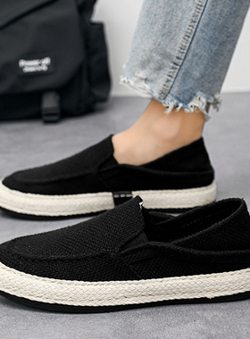帆布男鞋夏季懒人一脚蹬百搭休闲老北京亚麻布鞋工作黑色渔夫潮鞋