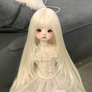 bjd娃娃假发3分4分6分sd高温丝奶金色齐刘海长直发假毛头套毛坯发