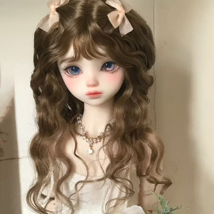 bjd娃娃假发3分4分6分sd娃用假毛发头套深棕色齐刘海长卷发毛胚发