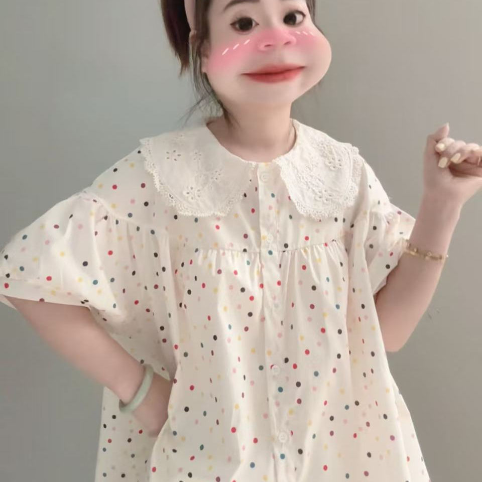 【彩虹甜豆-短袖款】丽丽推荐 春夏新款花边娃娃领彩色波点衬衫女