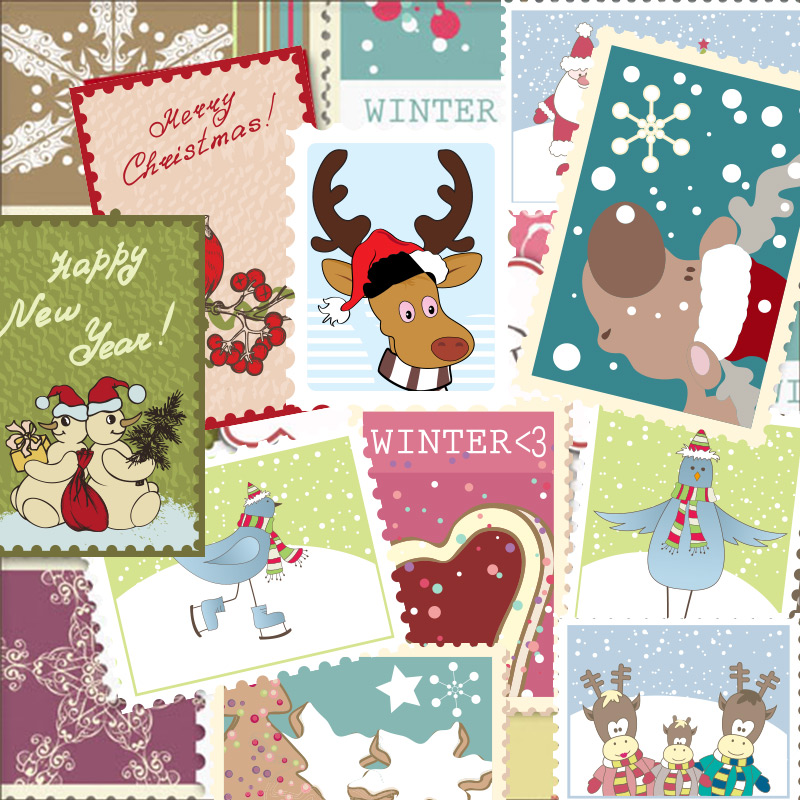 可爱复古圣诞节邮票便签邮戳印章贴图圣诞老人树平面矢量设计素材