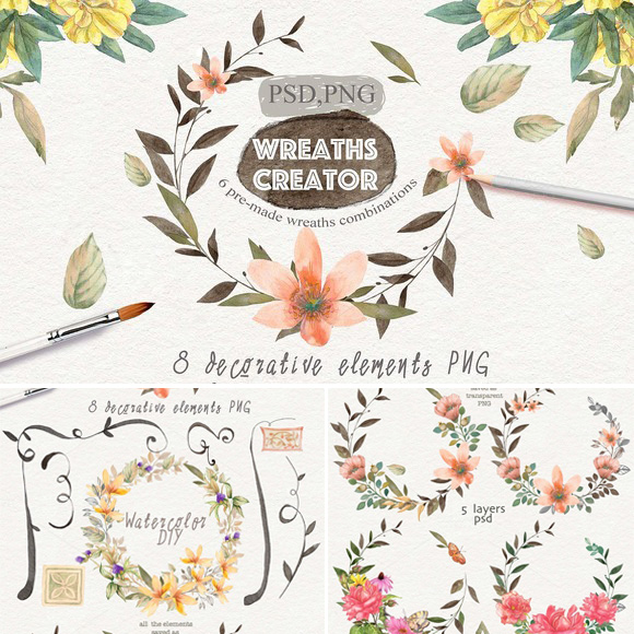 手绘水彩花卉枝叶花环花纹边框婚礼DIY平面设计背景png免抠素材图