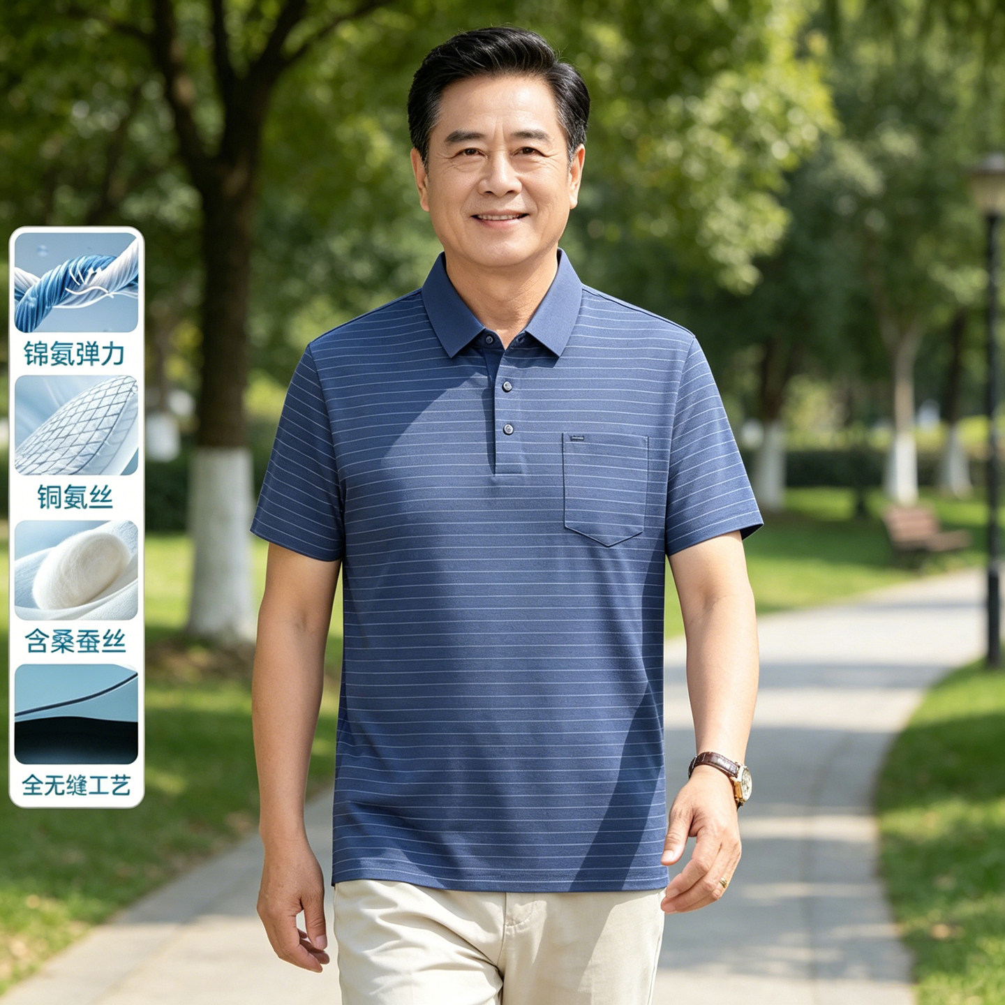 皮尔卡丹中年男性冰丝条纹短袖t恤男中老年爷爷polo衫爸爸上衣夏