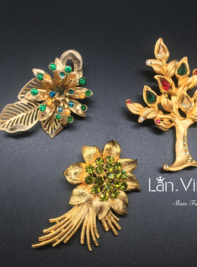 vintage 首饰 古董 复古着 金色 绿色 花朵 多彩宝 树 胸针