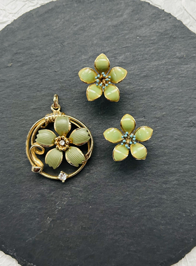 vintage 古董 复古 绿色 珐琅 花朵 吊坠 耳钉 耳饰