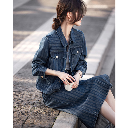 XWI/欣未条纹牛仔外套套装女