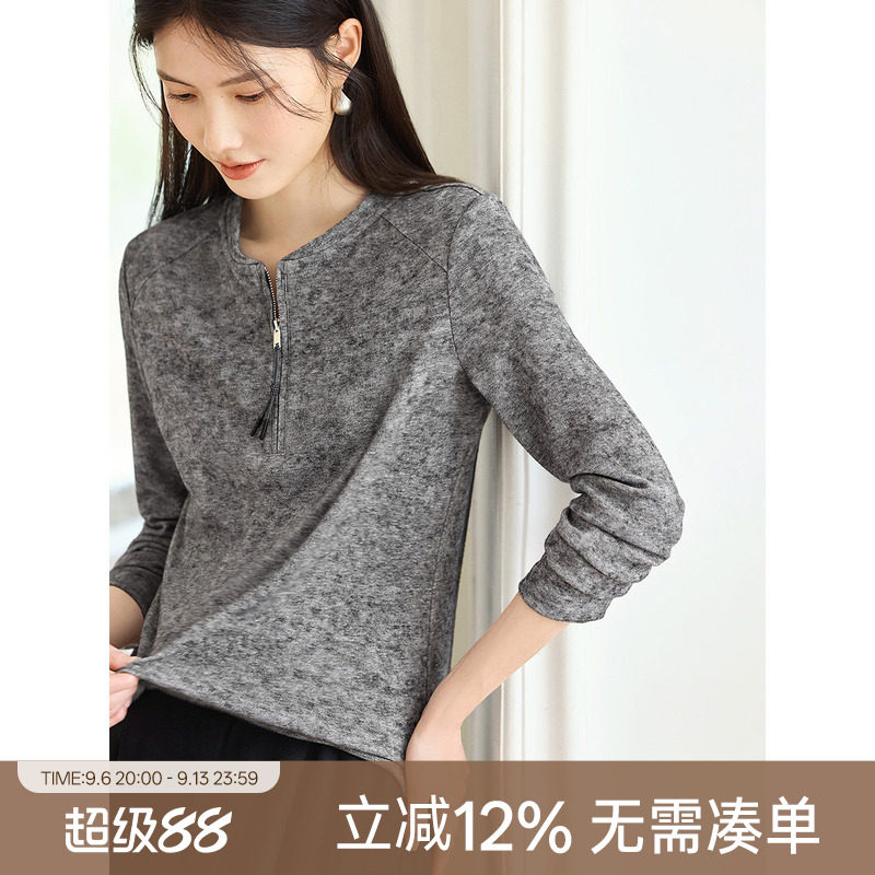 XWI欣未半开领宽松百搭收腰T恤打底衫女2026秋季修身显瘦拉链上衣图片