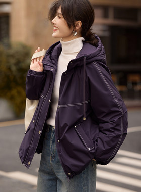XWI欣未休闲撞色夹克式棉衣棉服女2026冬季紫色抽绳连帽外套棉袄