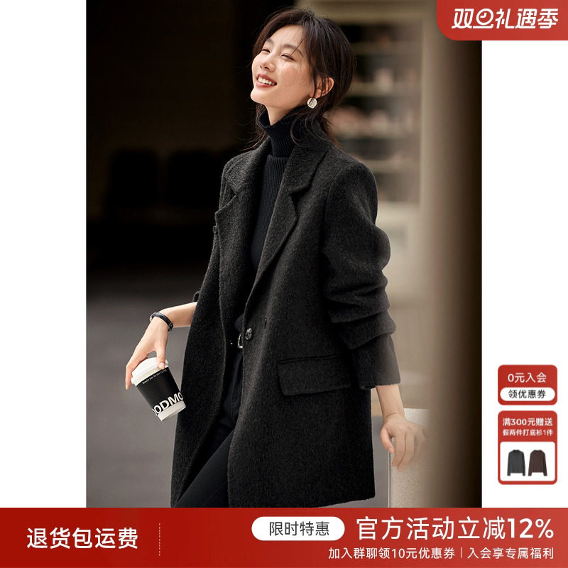 XWI欣未一手长双面100%全羊毛大衣女秋冬正式场合西装式毛呢外套