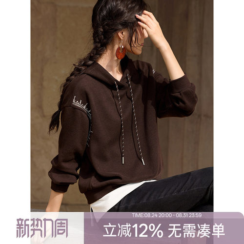 XWI欣未气质优雅民族风重工刺绣卫衣女秋冬加绒软糯连帽休闲上衣