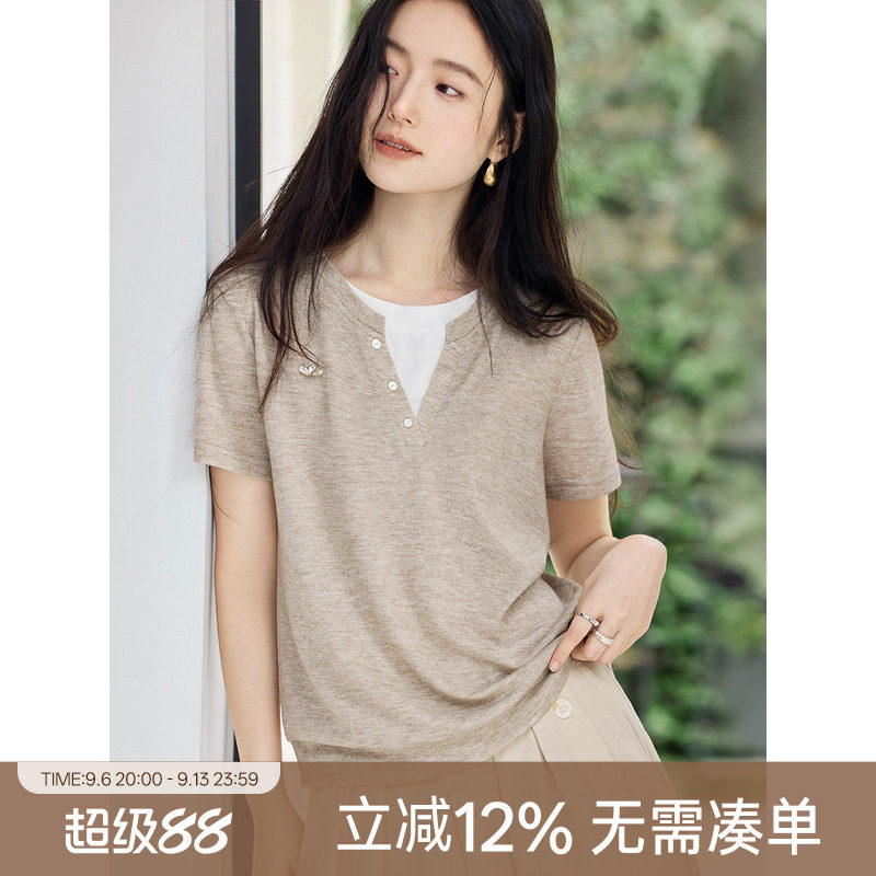 XWI欣未假两件撞色拼接短袖T恤女2026年夏季亲肤透气正肩显瘦上衣图片
