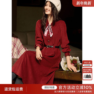 婚宴礼服衬衫 磨毛长款 裙 优雅丝巾领红色连衣裙女冬季 XWI欣未法式