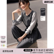 XWI欣未含亚麻撞色拼接假两件套装女2025秋季显瘦减龄穿搭一整套