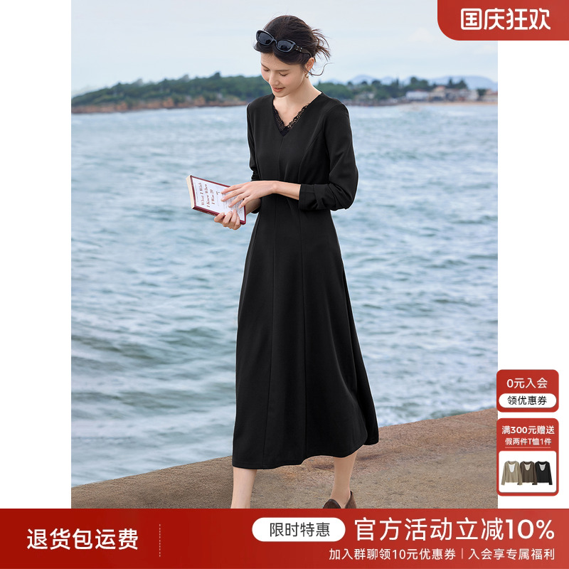 XWI欣未气质优雅蕾丝拼接连衣裙女2025秋季新款赫本风显瘦小黑裙