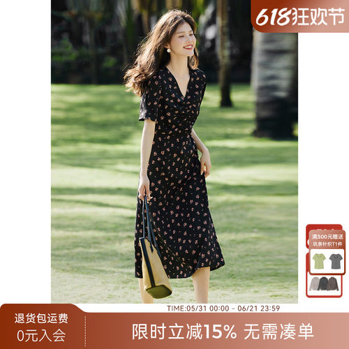 XWI欣未法式优雅V领碎花连衣裙女夏季春日赏花穿搭掐腰显瘦茶歇裙