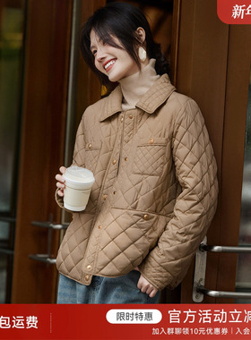 XWI欣未小香风翻领短款菱形格棉服女2024年冬季简约百搭气质棉袄