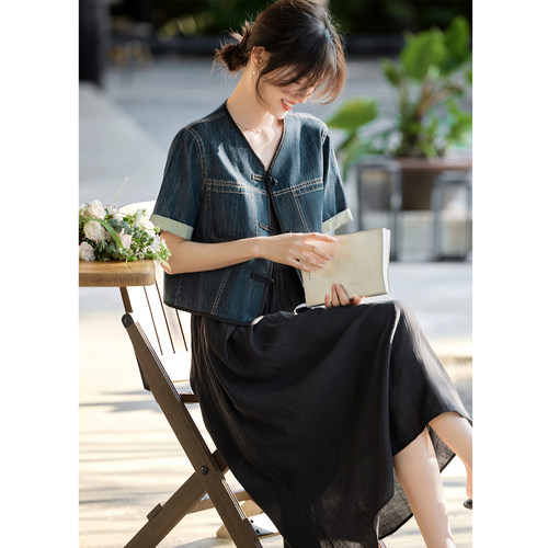 XWI欣未新中式牛仔外套吊带裙套装女2025春夏气质减龄穿搭一整套