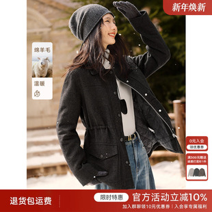 XWI欣未巴恩风含羊毛翻领大衣女2025冬季收腰显瘦设计感毛呢外套