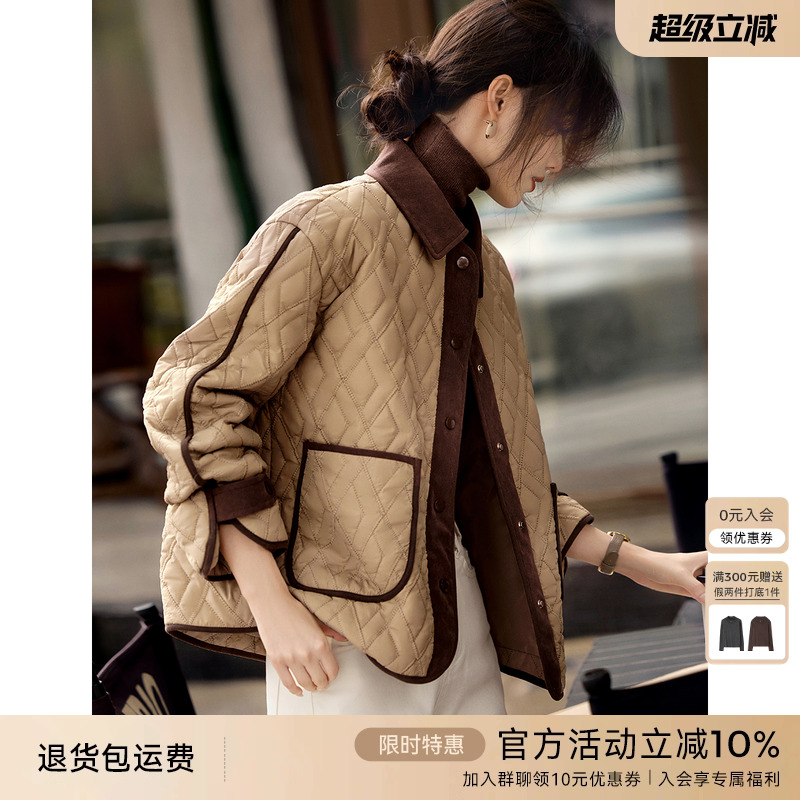 XWI欣未休闲简约大方拼色棉服外套女2025年冬季轻薄保暖棉袄上衣